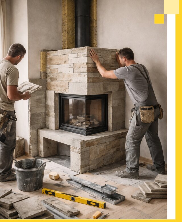 Угловые камины под ключ проект, монтаж и отделка в Минусинске